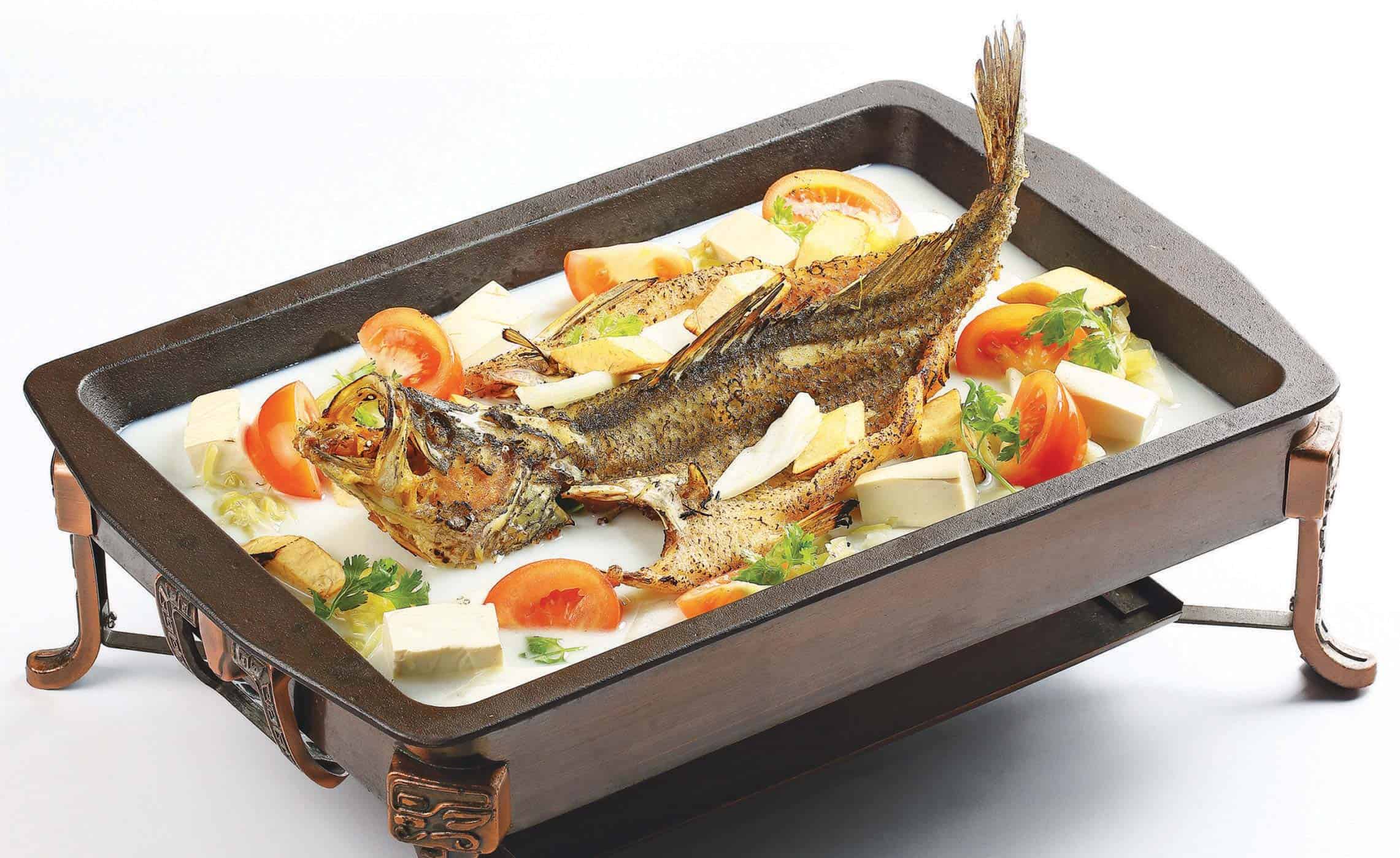 Grilled Fish with Beancurd, Yam, Tomato, Pickled Vegetables and Cabbage in Collagen Broth