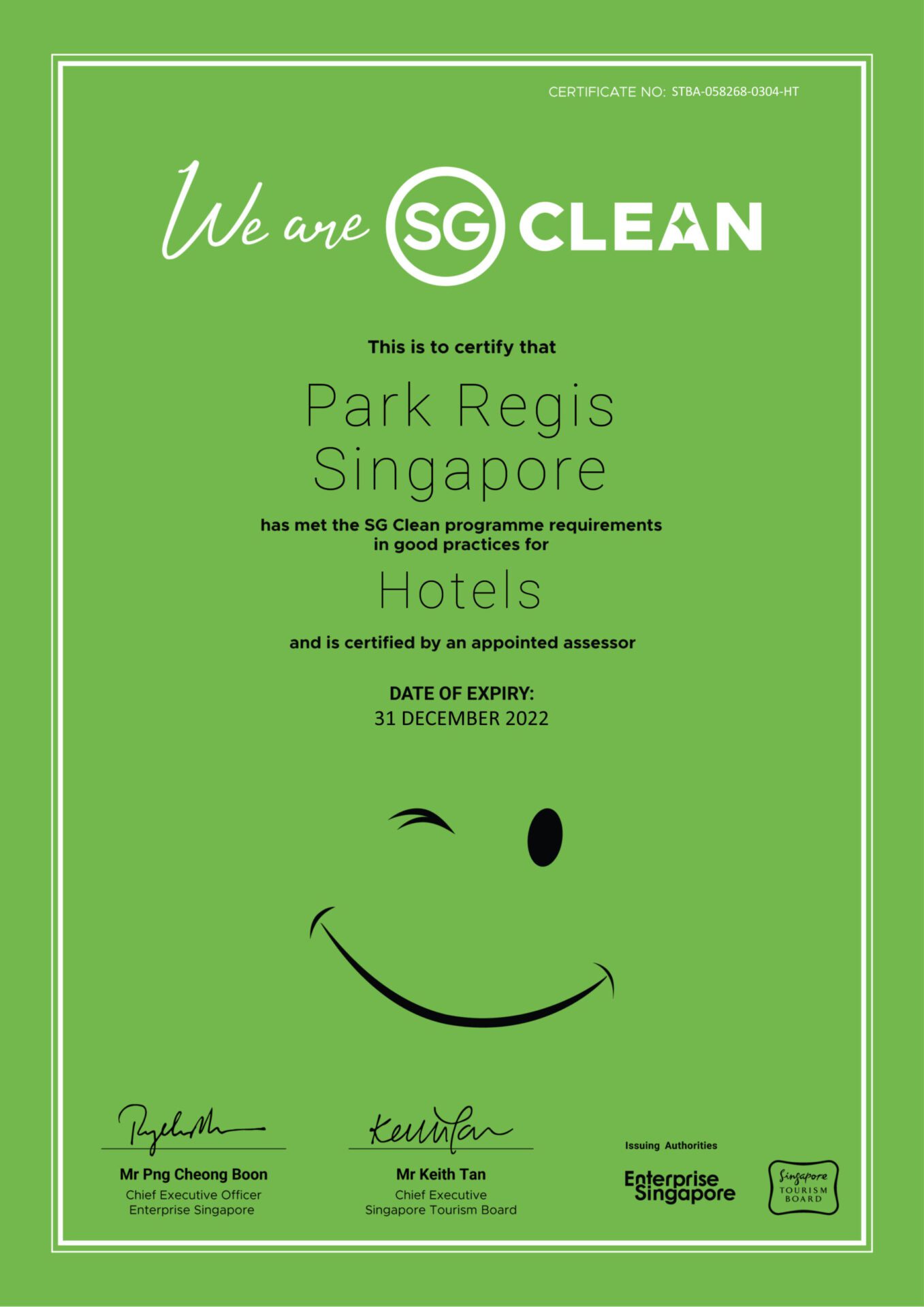 Park Regis Singapore SG Clean certification